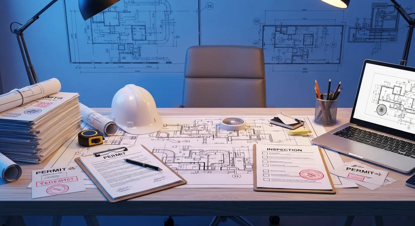 HVAC mechanical plans on a large desk